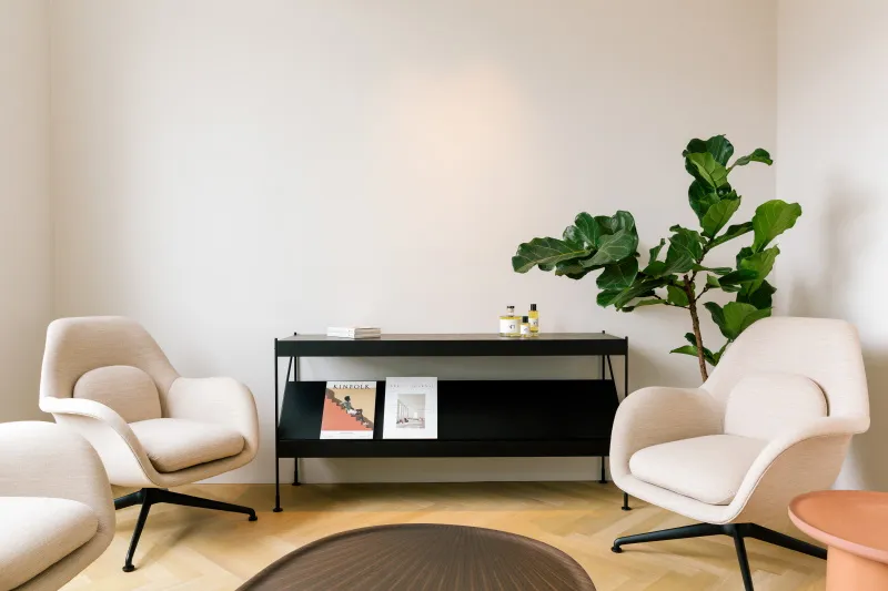 Heller Wartebereich mit zwei Sesseln, Sideboard und Pflanze in der Praxis von Dr. Annette Herold in Düsseldorf.