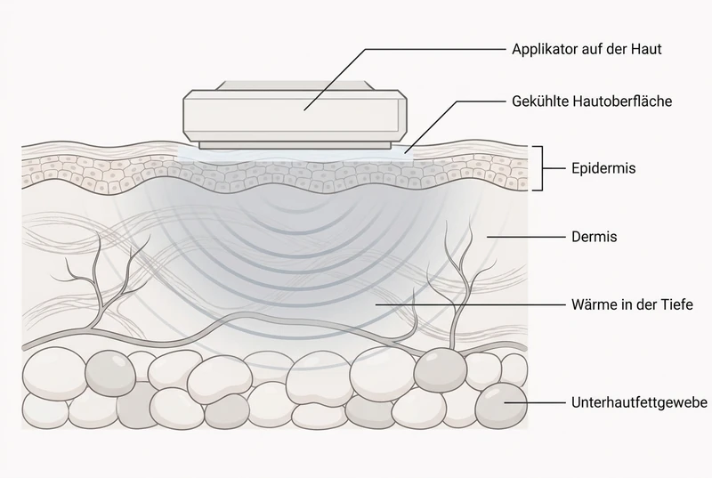 Schematischer Hautquerschnitt: Applikator auf der gekühlten Hautoberfläche, Epidermis, Dermis mit Wärmezone in der Tiefe und Unterhautfettgewebe.